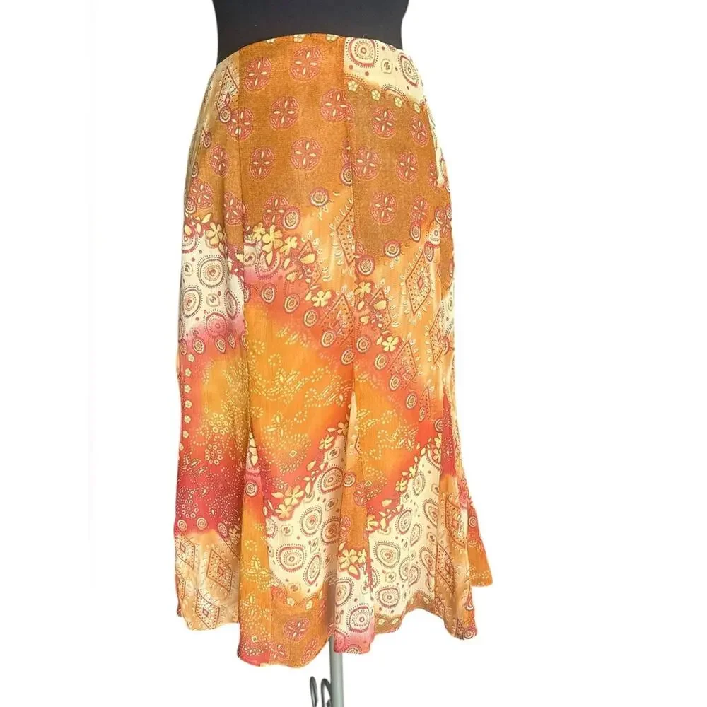 Vintage Women Boho Fairy Trumpet Midi Skirt Size 14 Southwestern Print Metallic
